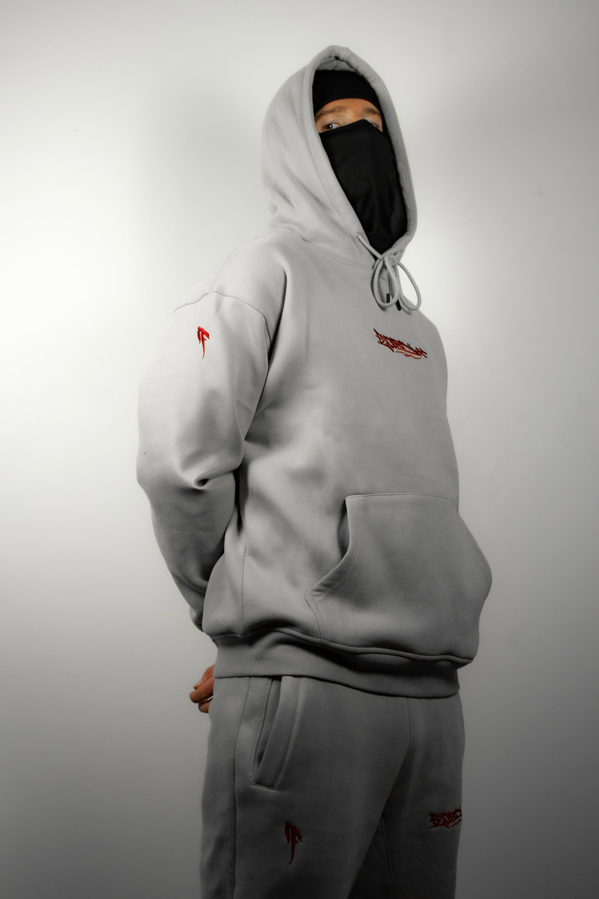 Solid Grey and Red Premium Tag Hoodie