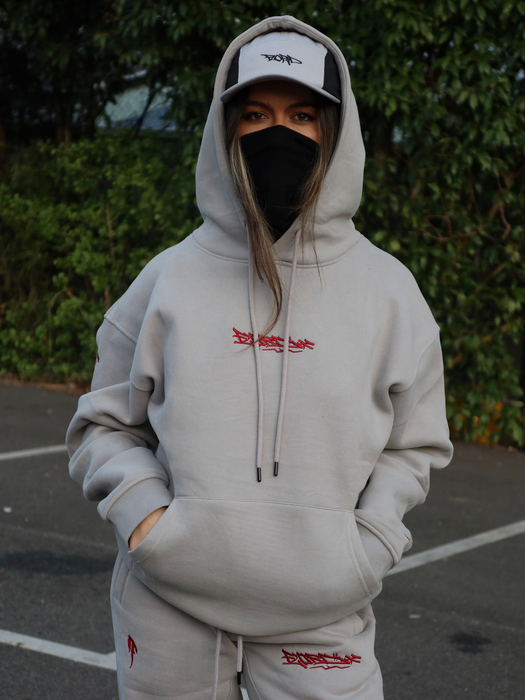 Solid Grey and Red Premium Tag Hoodie