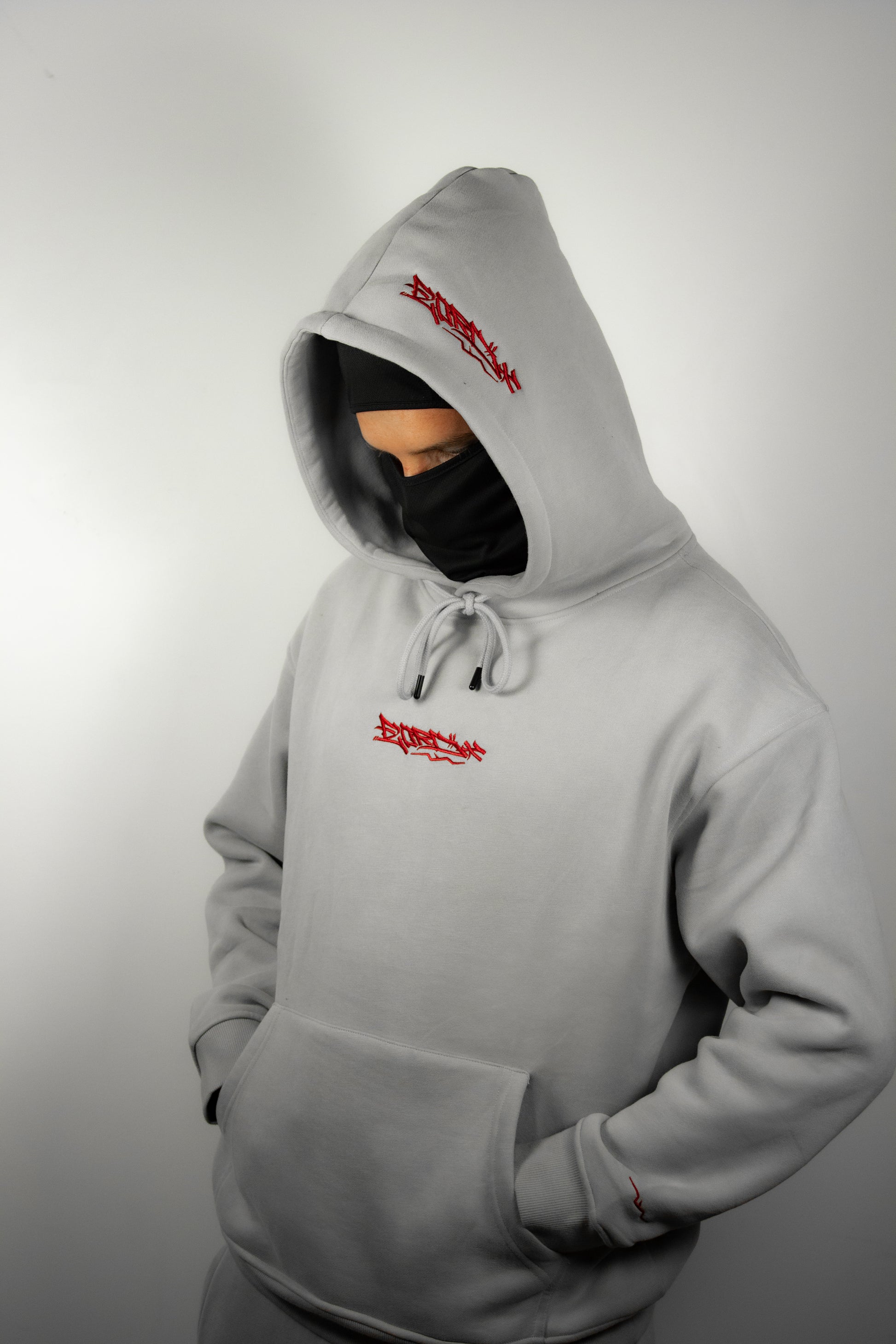 Solid Grey and Red Premium Tag Hoodie